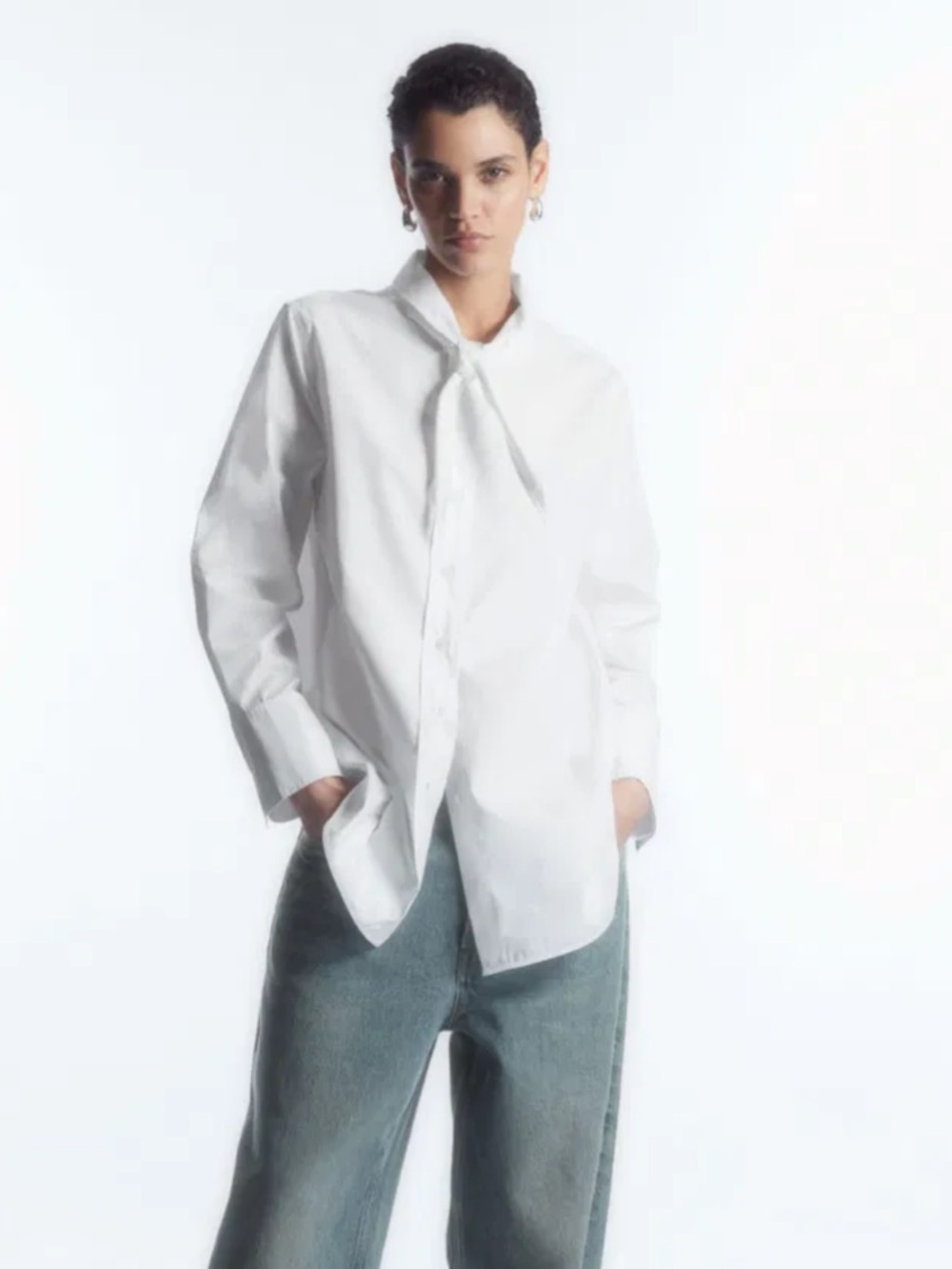 COS Tie-Neck Dagger-Collar Shirt | White Poplin Cotton Shirt